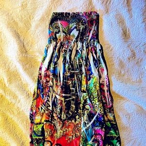 NOLA strapless dress smocked top, to knee, size small, colorful casual